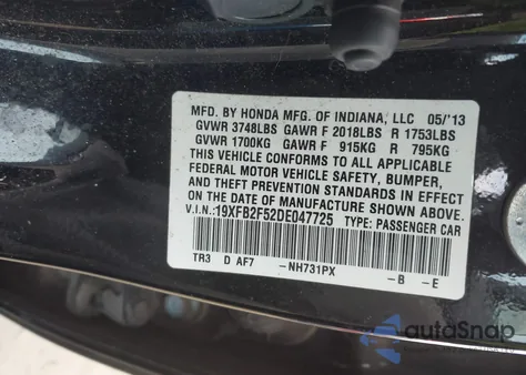 2013 Honda Civic Lx z USA, uszkodzony, nr VIN 19XFB2F52DE047725